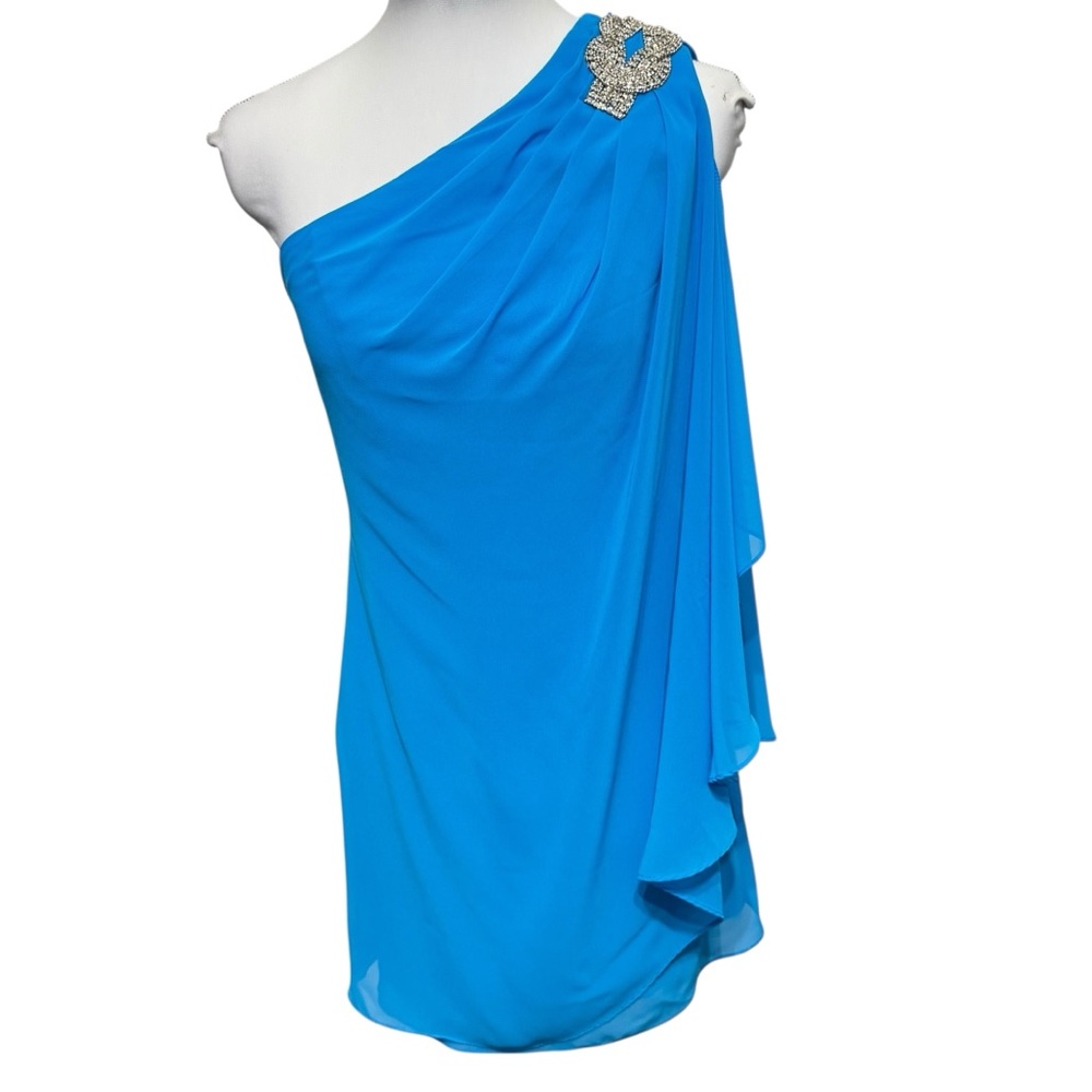 Cache Cocktail Dress Womens 0 Blue‎ Sheath Sleeveless One Shoulder Jewel Chiffon